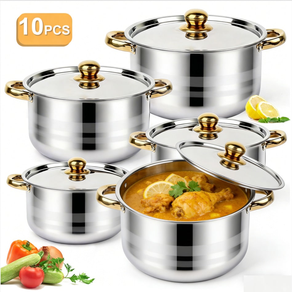 Home Cooking Set - Edelstahl-Topfset, modernes Luxus-Kochgeschirr, Silberner Körper, Goldene